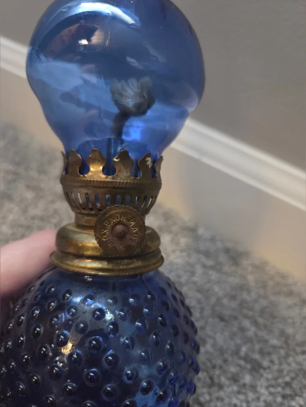 Blue Hobnail Oil Hurricane Lamp